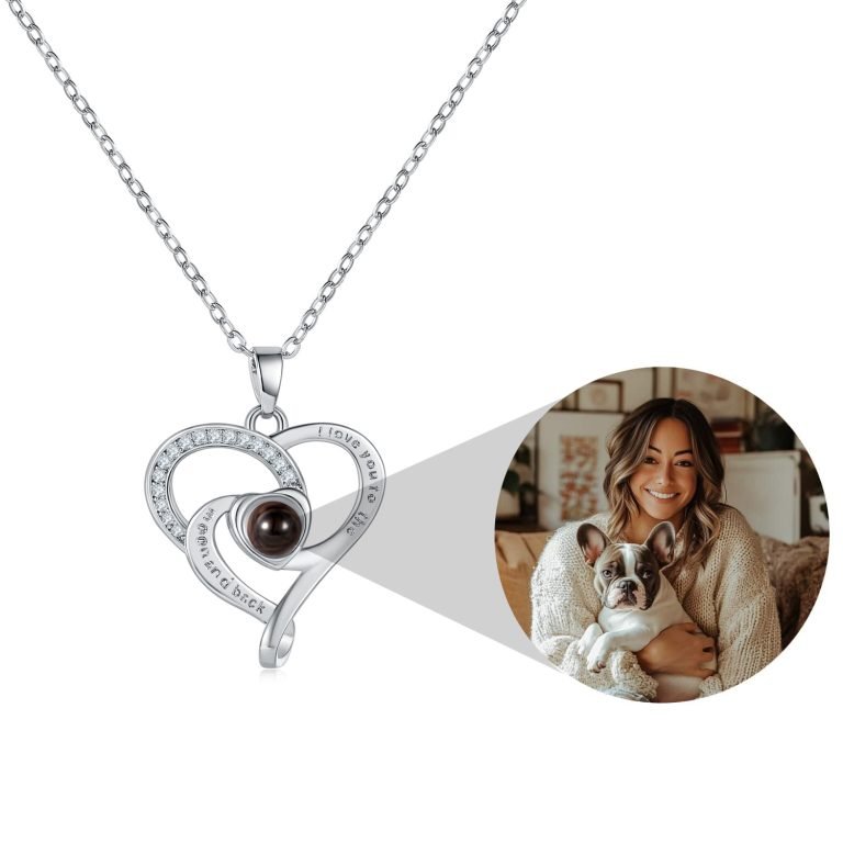 micro-inlay heart photo projection necklace in 18K gold plating showing a hidden picture