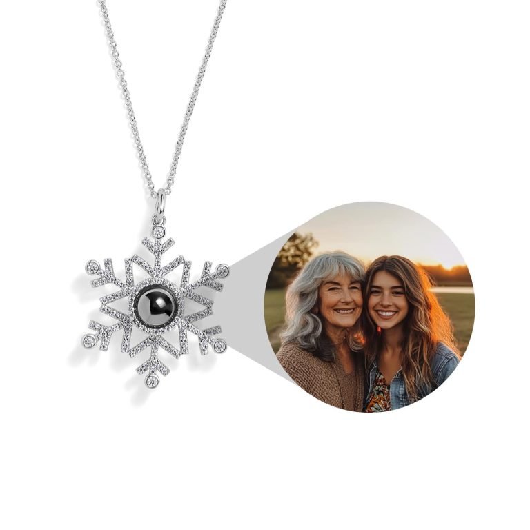 snowflake photo projection necklace showing a hidden picture of family
