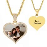 Custom heart photo necklace with personalized engraved back gold pendant