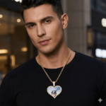 Male model wearing personalized heart photo necklace custom picture pendant for him
