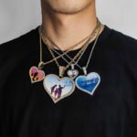 Male model wearing custom heart photo necklace gold personalized picture pendant