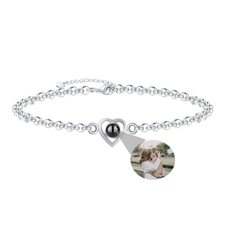 Silver custom photo projection bracelet with heart charm
