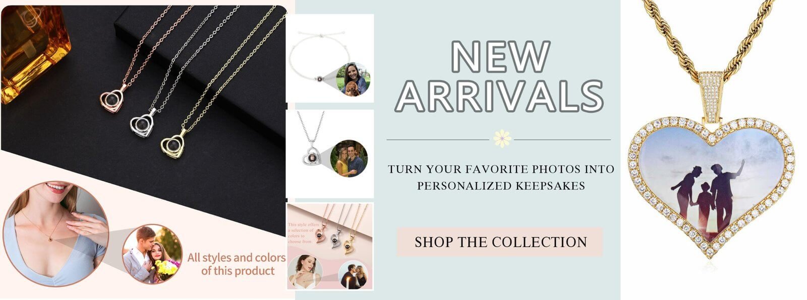 Custom photo jewelry collection banner featuring personalized heart necklaces and projection pendants